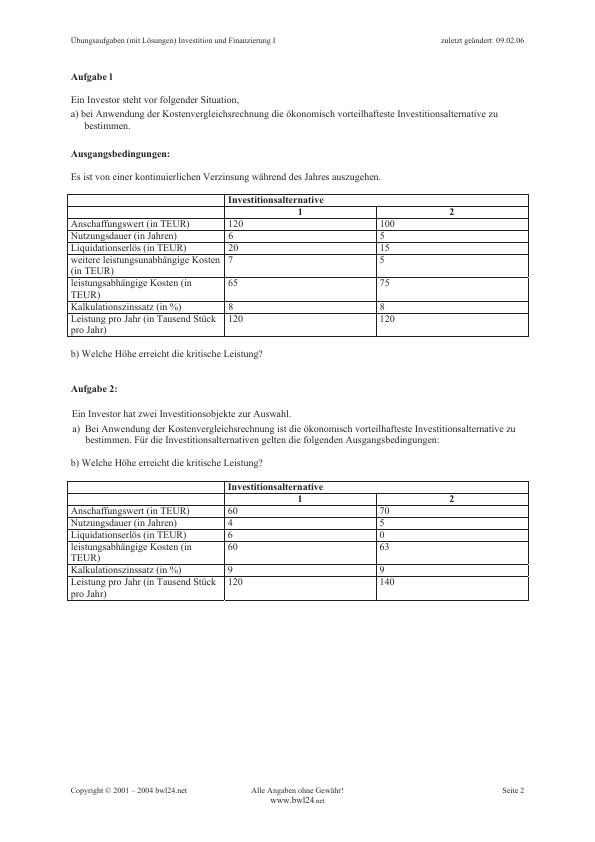 Bungsaufgaben Investition Und Finanzierung I Mit L Sungen