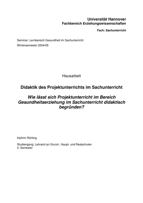 Didaktik des Projektunterrichts im Sachunterricht Wie lässt sich