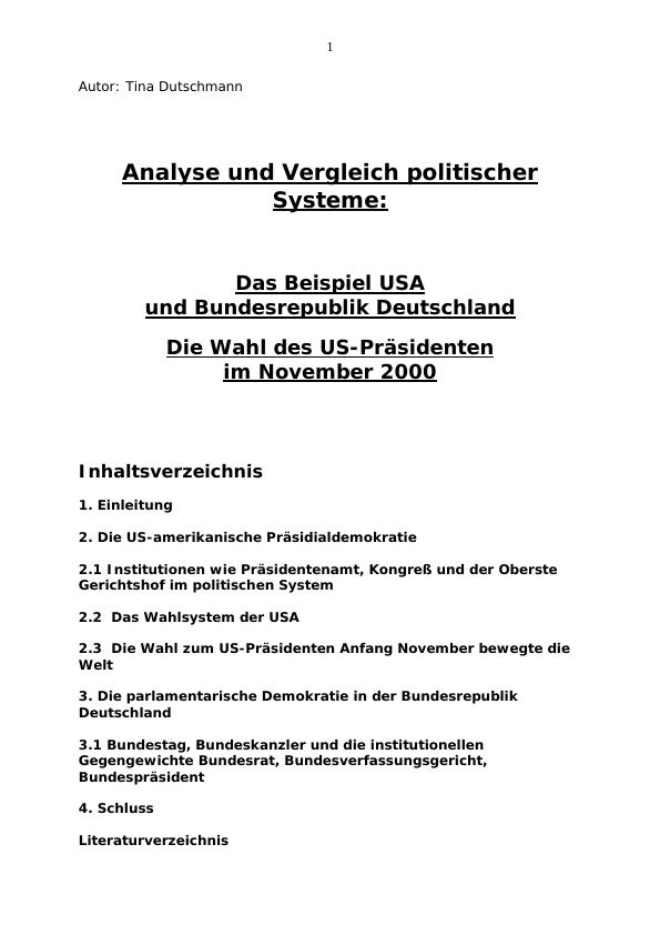 Analyse Und Vergleich Politischer Systeme Das Beispiel USA Und