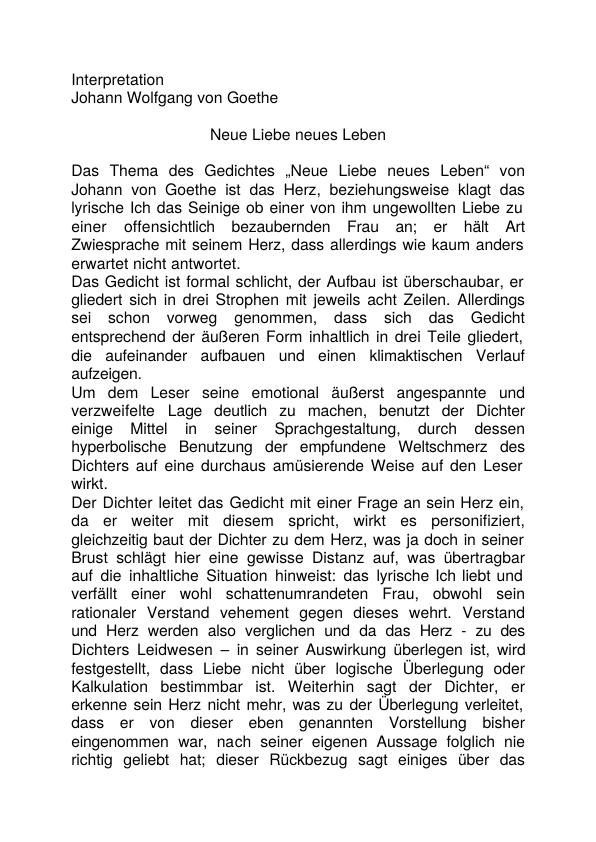 Interpretation Des Goethe Gedichtes Neue Liebe Neues Leben Hausarbeiten De Hausarbeiten