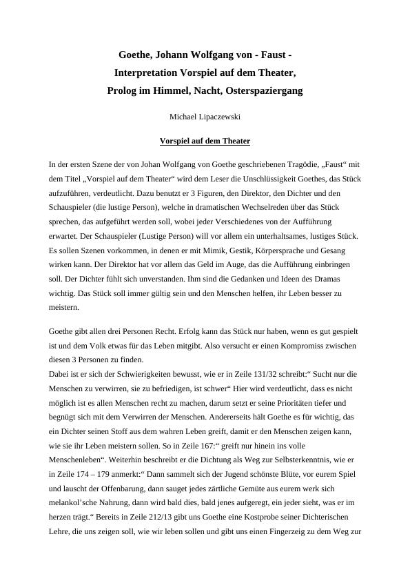 Goethe, Johann Wolfgang Von - Faust - Interpretation Vorspiel Auf Dem