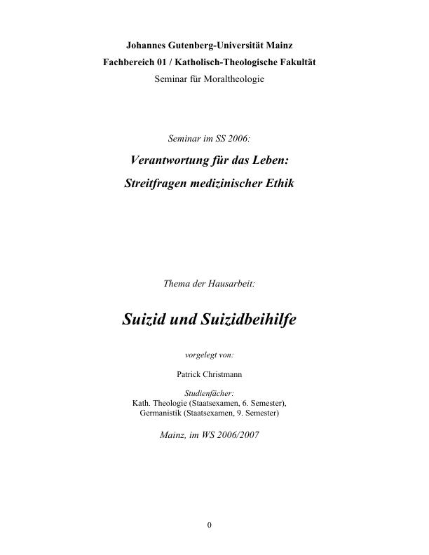 Suizid Und Suizidbeihilfe - Hausarbeiten.de | Hausarbeiten Publizieren