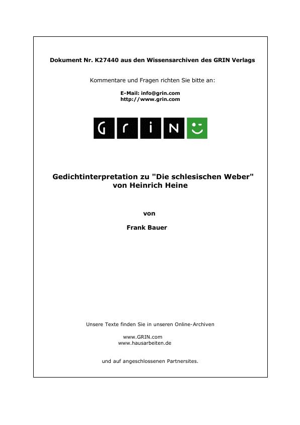 Heine, Heinrich - Die schlesischen Weber - Gedichtinterpretation - GRIN