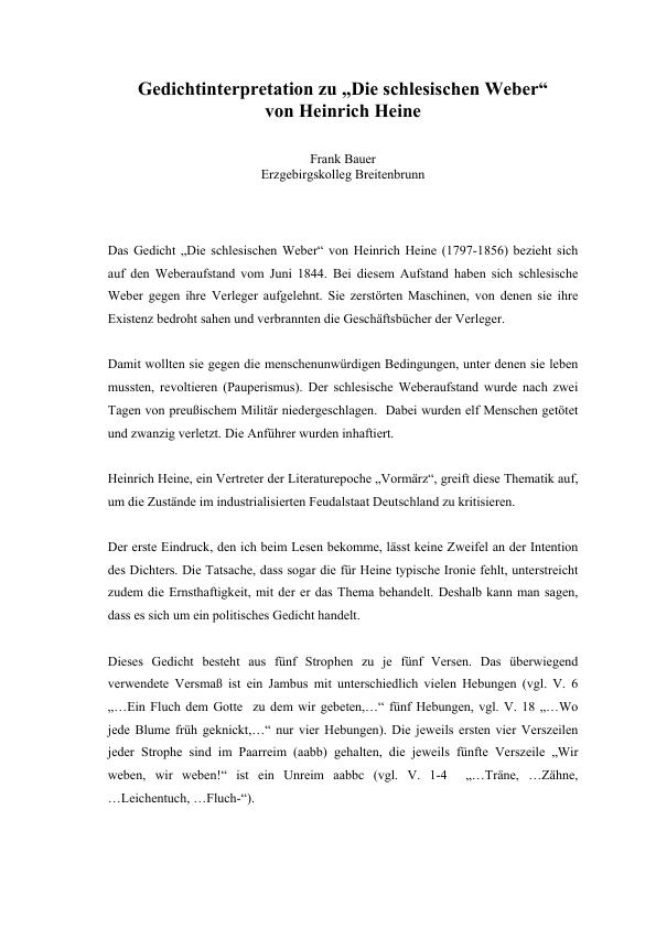 Heine, Heinrich - Die schlesischen Weber - Gedichtinterpretation - GRIN