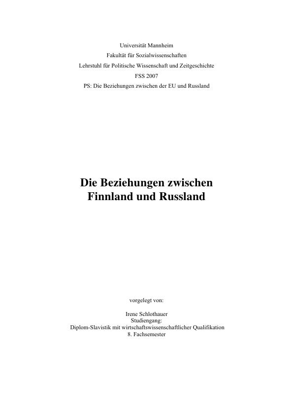 Titre: Die Beziehungen zwischen Finnland und Russland