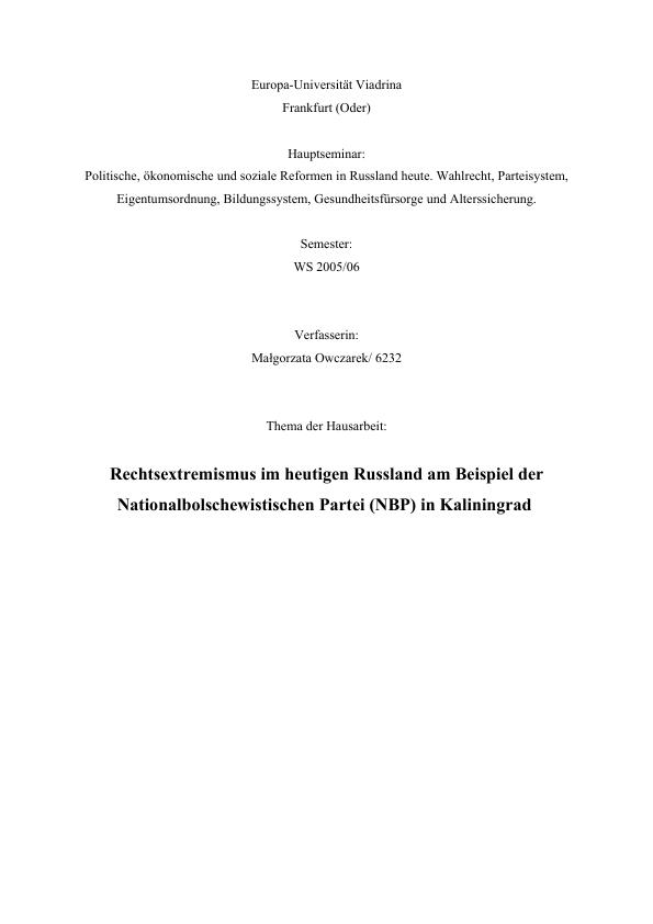 Title: Rechtsextremismus im heutigen Russland am Beispiel der  Nationalbolschewistischen Partei (NBP) in Kaliningrad