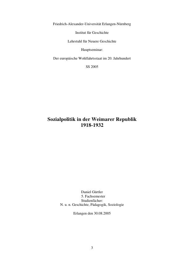 Titre:  Sozialpolitik in der Weimarer Republik (1918-1932)