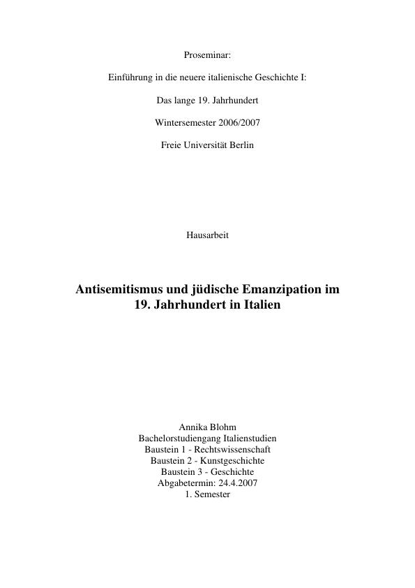 Title: Antisemitismus und jüdische Emanzipation im 19. Jahrhundert in Italien