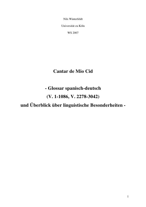 Titel: Cantar de Mio Cid  -  Glossar spanisch-deutsch (V. 1-1086, V. 2278-3042) und Überblick über linguistische Besonderheiten 