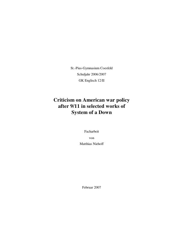 Titel: Criticism on American war policy after 9/11 in selected works of System of a Down