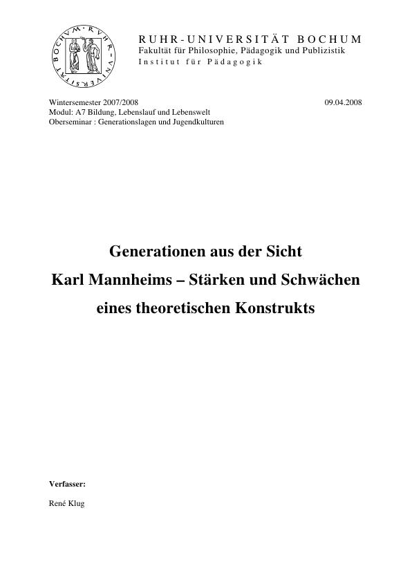 Título: Generationen aus der Sicht Karl Mannheims - Stärken und Schwächen eines theoretischen Konstrukts
