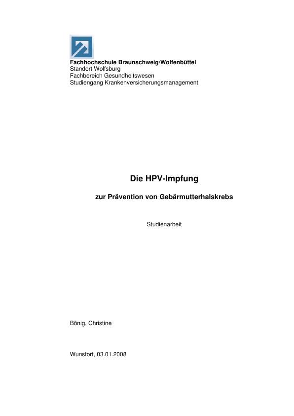 Die HPV-Impfung Zur Prvention Von Gebrmutterhalskrebs - GRIN | Grin