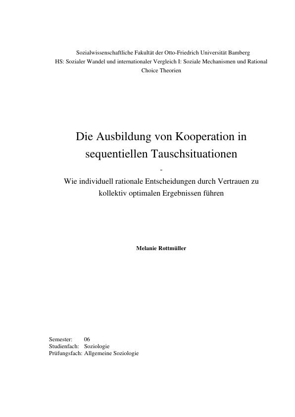 Título: Die Ausbildung von Kooperation in sequentiellen Tauschsituationen