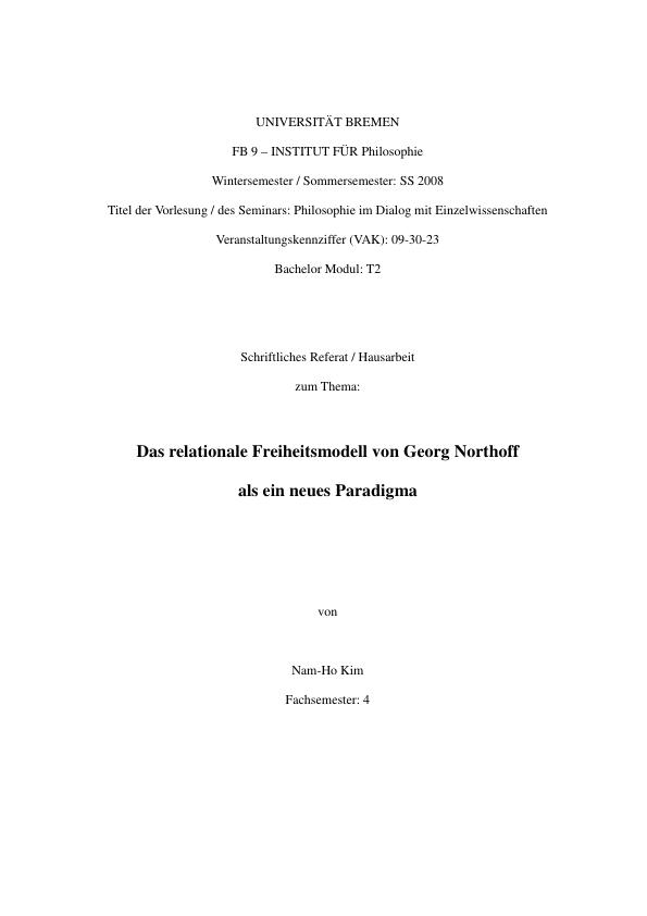 Título: Das relationale Freiheitsmodell von Georg Northoff als ein neues Paradigma