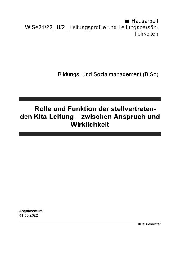 Die Rolle Und Funktion Einer Stellvertretenden Kita-Leitung - GRIN | Grin