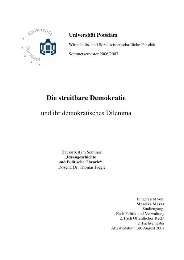 Titel: Die streitbare Demokratie und ihr demokratisches Dilemma