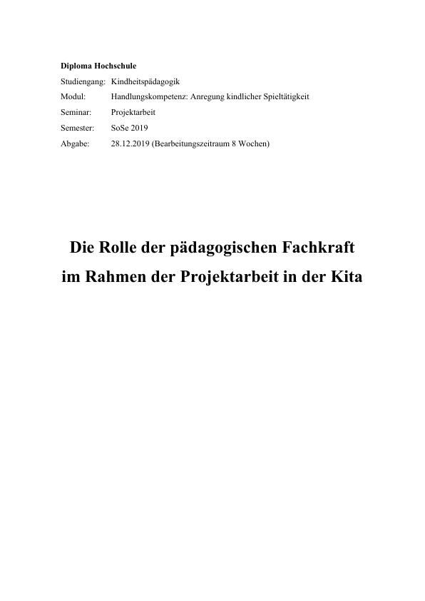 Projektarbeit In Der Kita. Die Rolle Der Pädagogischen Fachkraft - GRIN