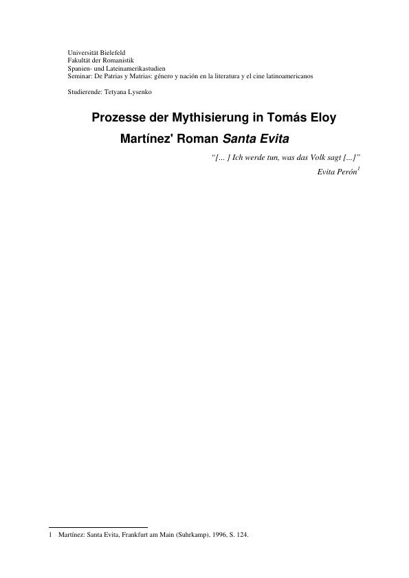 Titel: Prozesse der Mythisierung in Tomás Eloy Martínez' Roman Santa Evita  
