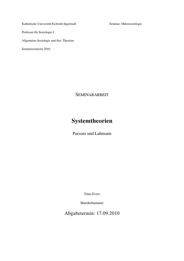 Titre: Systemtheorie Parsons und Luhmanns