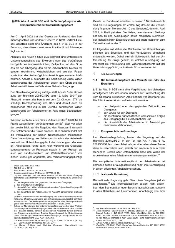 Der Betriebsübergang Nach § 613a Abs. 5 Und 6 BGB - GRIN