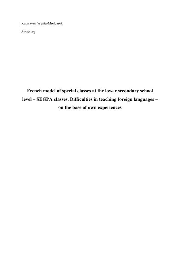 Titel: French model of special classes at the lower secondary school level – SEGPA classes 