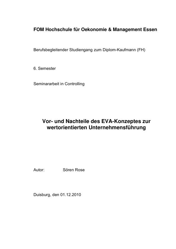 Title: Vor- und Nachteile des EVA-Konzeptes zur wertorientierten Unternehmensführung