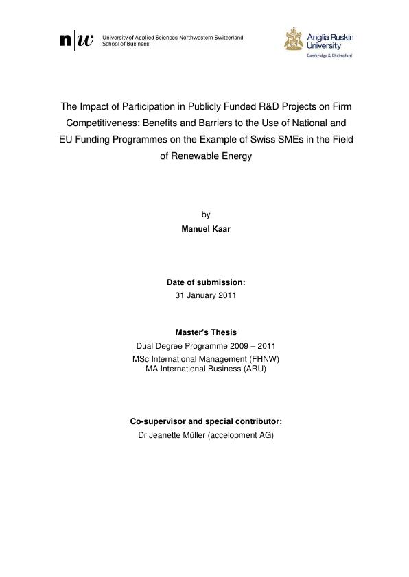 Title: Benefits and barriers of an enterprise's participation in publicly funded R&D projects. The example of Swiss enterprises in the field of renewable energy