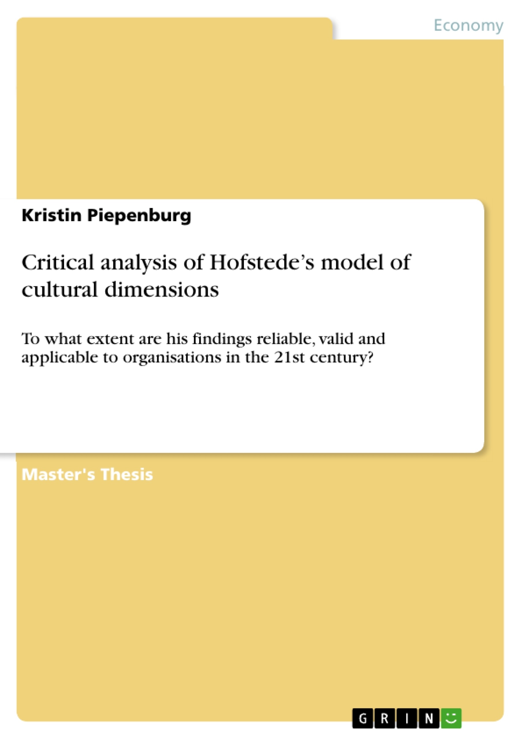 Titre: Critical analysis of Hofstede’s model of cultural dimensions