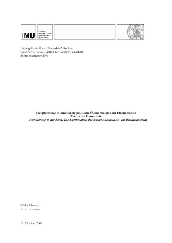 Título: Regulierung in der Krise: Die Legitimation des Basler Ausschusses für Bankenaufsicht