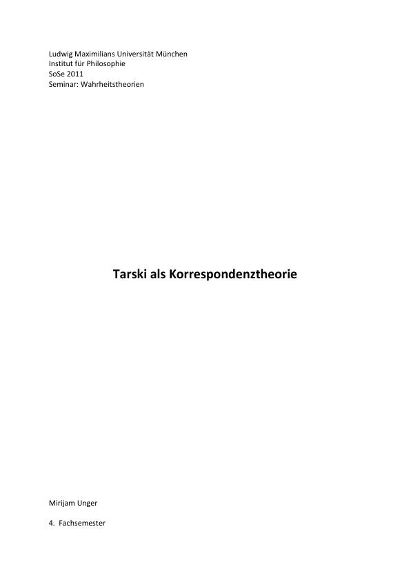 Titel: Tarskis Wahrheitstheorie als Korrespondenztheorie