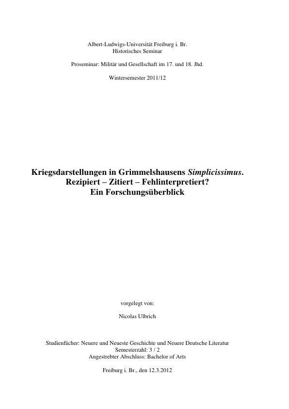Titel: Kriegsdarstellung in Grimmelshausens "Simplicissimus"