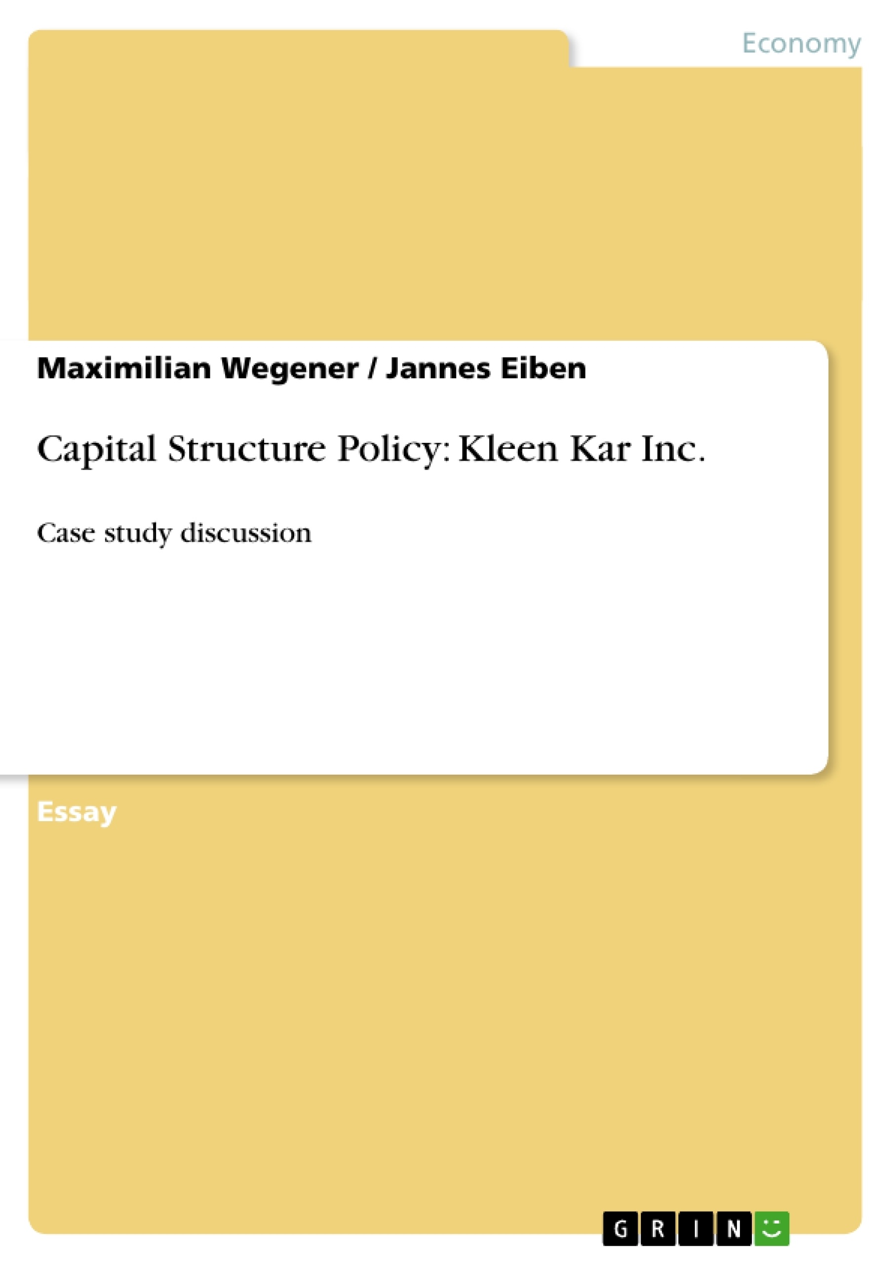 Title: Capital Structure Policy: Kleen Kar Inc.