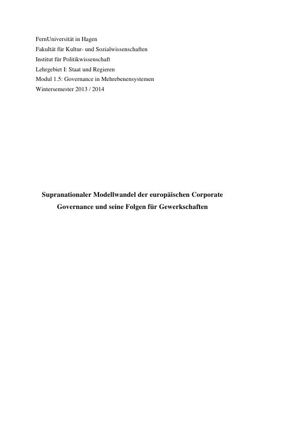 Titre: Supranationaler Modellwandel der europäischen Corporate Governance und seine Folgen für Gewerkschaften