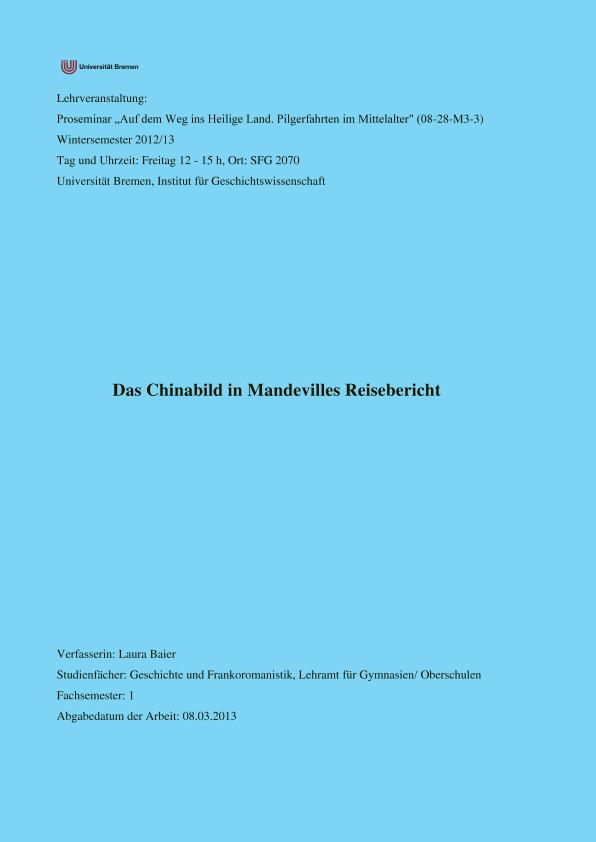 Title: Das Chinabild im Reisebuch des Ritters John Mandeville
