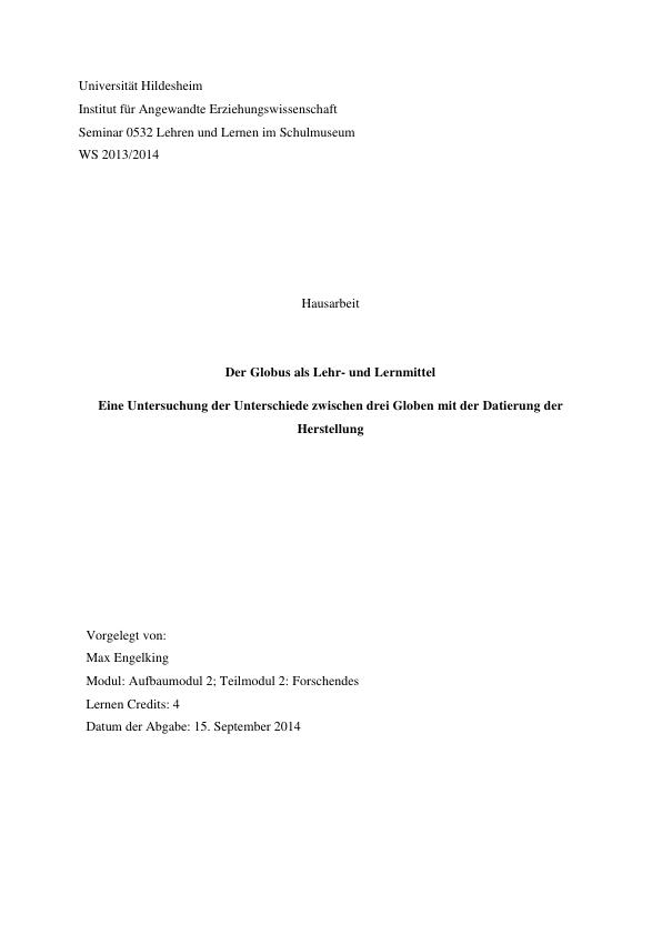 Title: Der Globus als Unterrichtsmedium. Geschichte und Relevanz