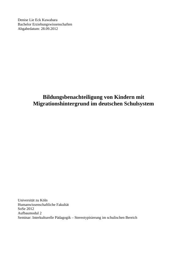 Bildungsbenachteiligung Von Kindern Mit Migrationshintergrund Im ...