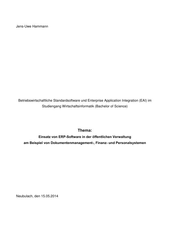 Titel: Einsatz von ERP-Software in der öffentlichen Verwaltung am Beispiel von Dokumentenmanagement-, Finanz- und Personalsystemen