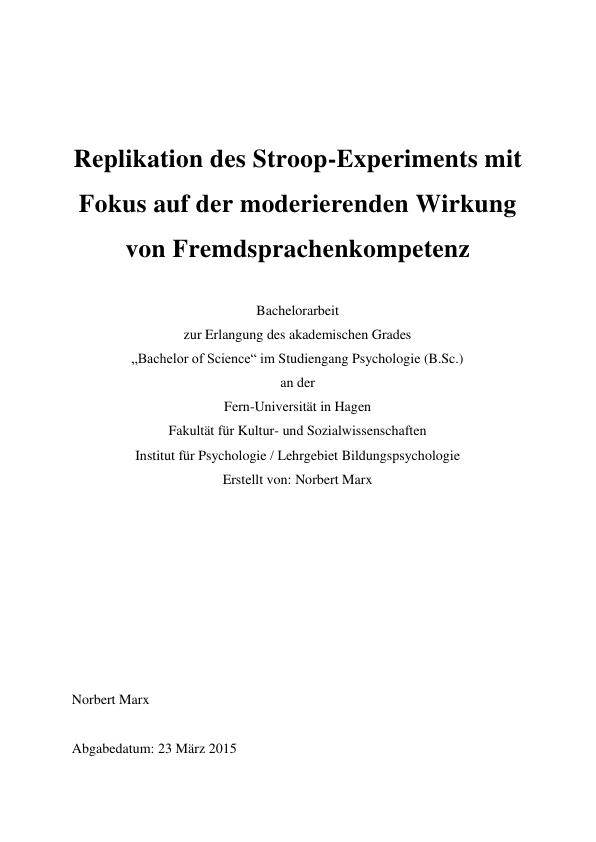 Titel: Replikation des Stroop-Experiments mit Fokus auf der moderierenden Wirkung von Fremdsprachenkompetenz