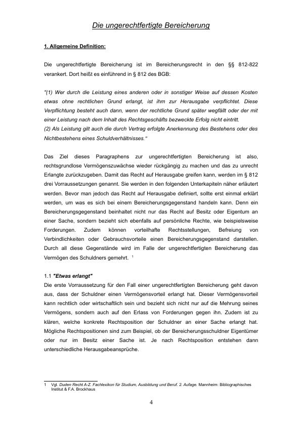 Ungerechtfertigte Bereicherung (§§ 812 Ff. BGB). Ausarbeitung Einer ...