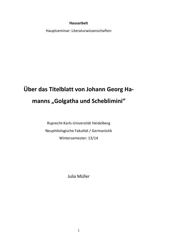 Titre: Über das Titelblatt von Georg Hamanns "Golgotha und Scheblimini"