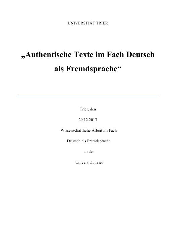 Authentische Texte im Fach Deutsch als Fremdsprache. Merkmale