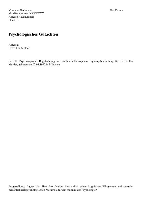 Psychologisches Gutachten. Eignung zum Psychologiestudium GRIN