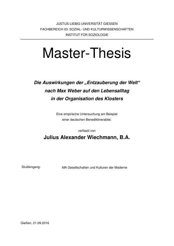 Titel: Auswirkungen der „Entzauberung der Welt“ nach Max Weber auf den Lebensalltag in der Organisation des Klosters