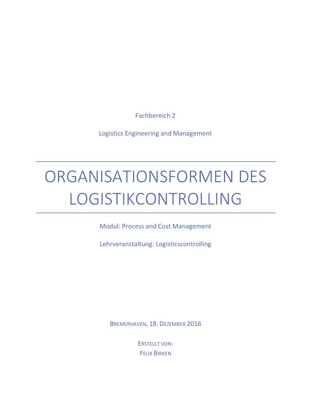 Título: Organisationsformen des Logistikcontrolling