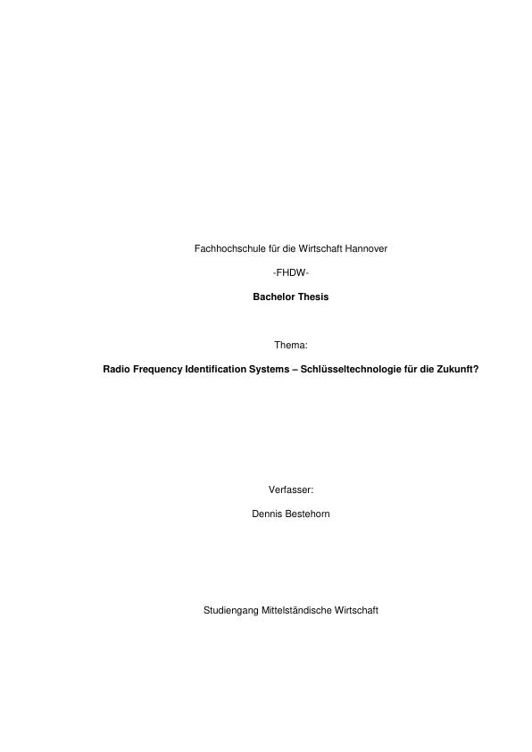 Título: Radio Frequency Identification Systems (RFID). Schlüsseltechnologie für die Zukunft?