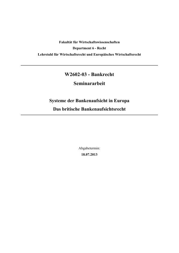 Titel: Systeme der Bankenaufsicht in Europa. Das britische Bankenaufsichtsrecht