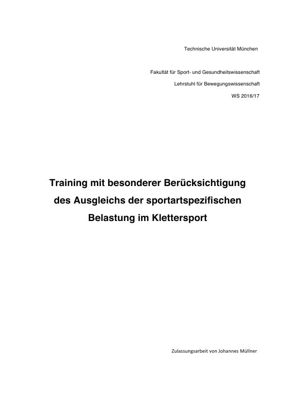 Titre: Training mit besonderer Berücksichtigung des Ausgleichs der sportartspezifischen Belastung im Klettersport