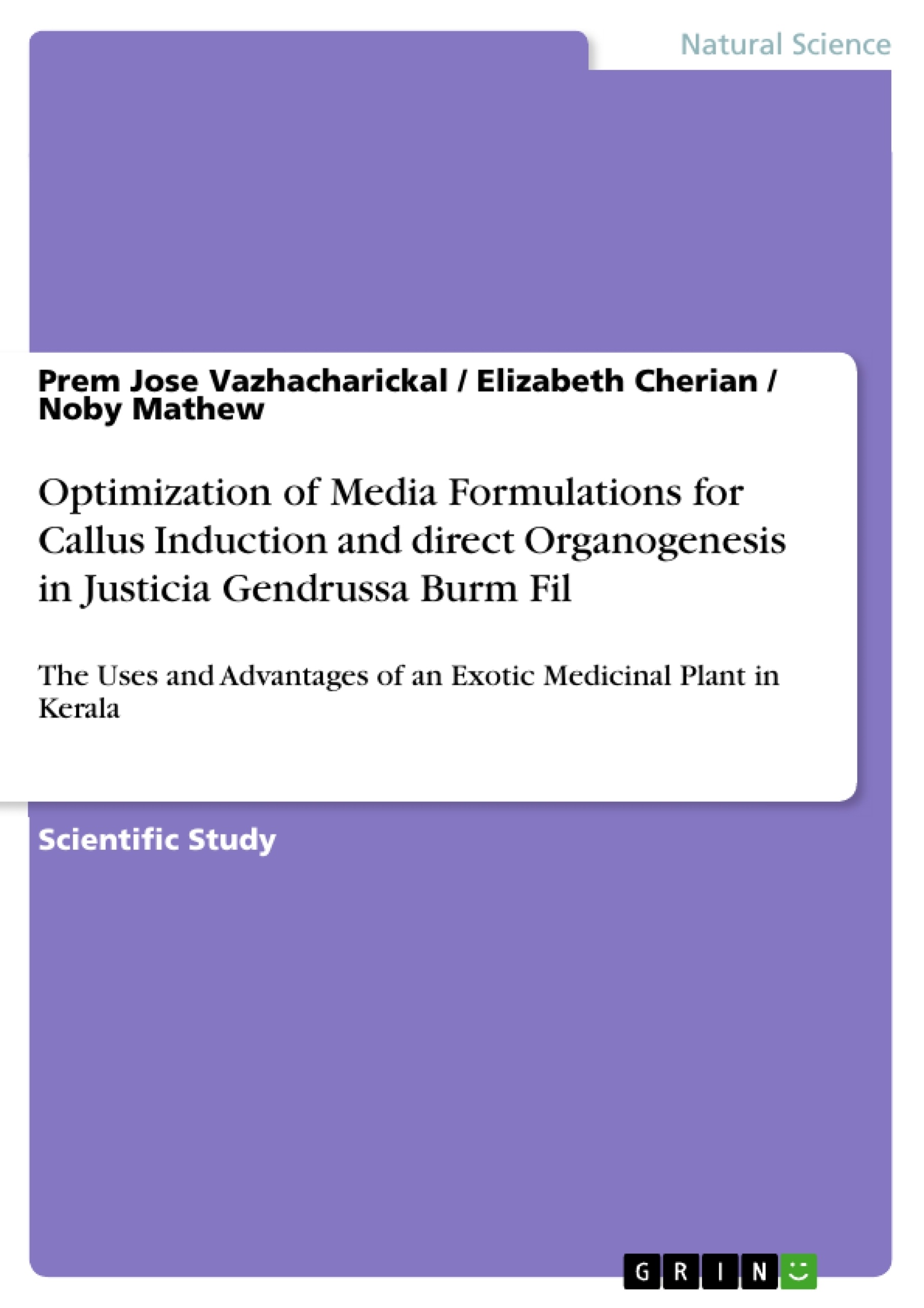 Título: Optimization of Media Formulations for Callus Induction and direct Organogenesis in Justicia Gendrussa Burm Fil