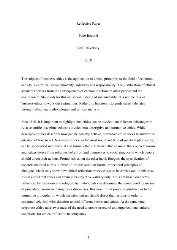 business ethics reflection essay