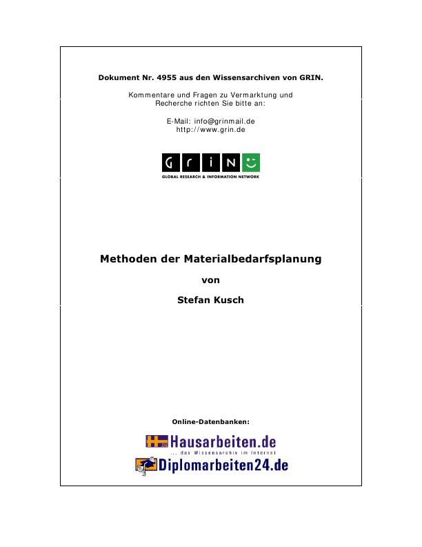 Titel: Methoden der Materialbedarfsplanung
